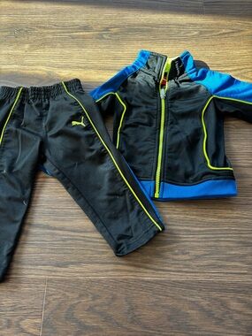 Puma Black, Blue & Neon Yellow Kids Track Jacket and Pants